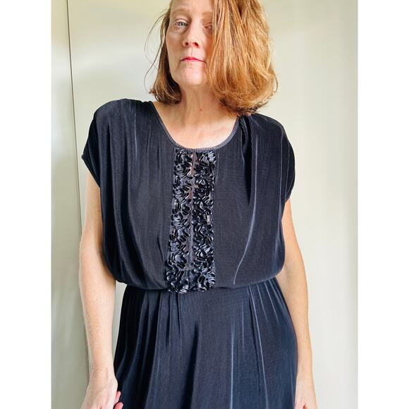 Virginie Paris Floral Micropleated Dress Black Made in France Statement SZ L - Picture 8 of 9